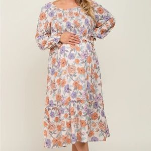 PINKBLUSH Taupe Multi-Color Floral Plus Maternity Midi Dress